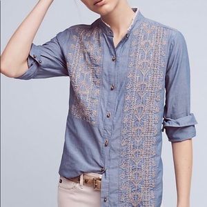 Anthropologie Tiny Chambray Embroidered Shirt Sz S